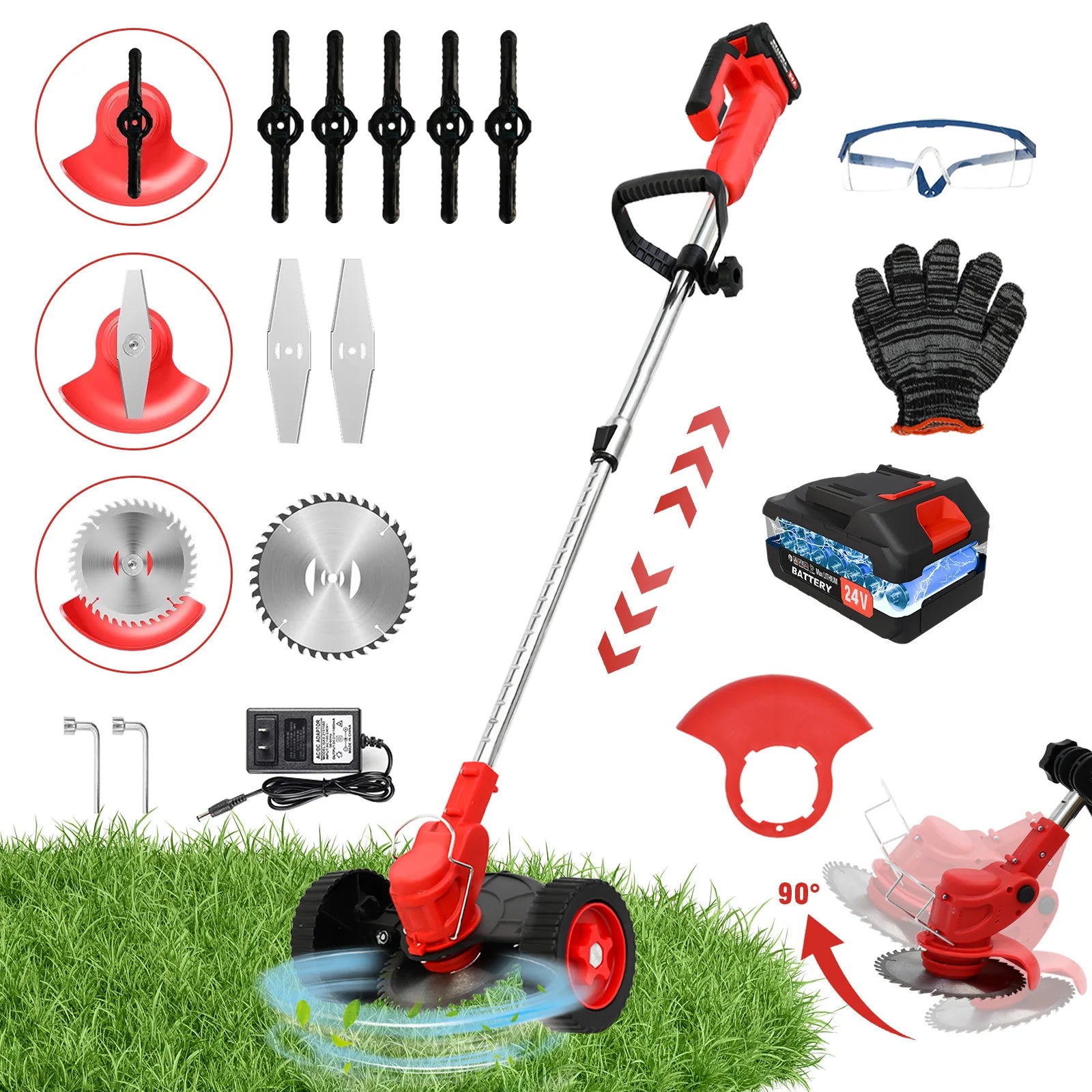 21 V Akku-Unkrautstecher, elektrischer Rasentrimmer, 3-in-1-Bürste mit Rädern, 24 V Lithium-Ionen-Kantenschneider und Trimmer für Rasen und Garten