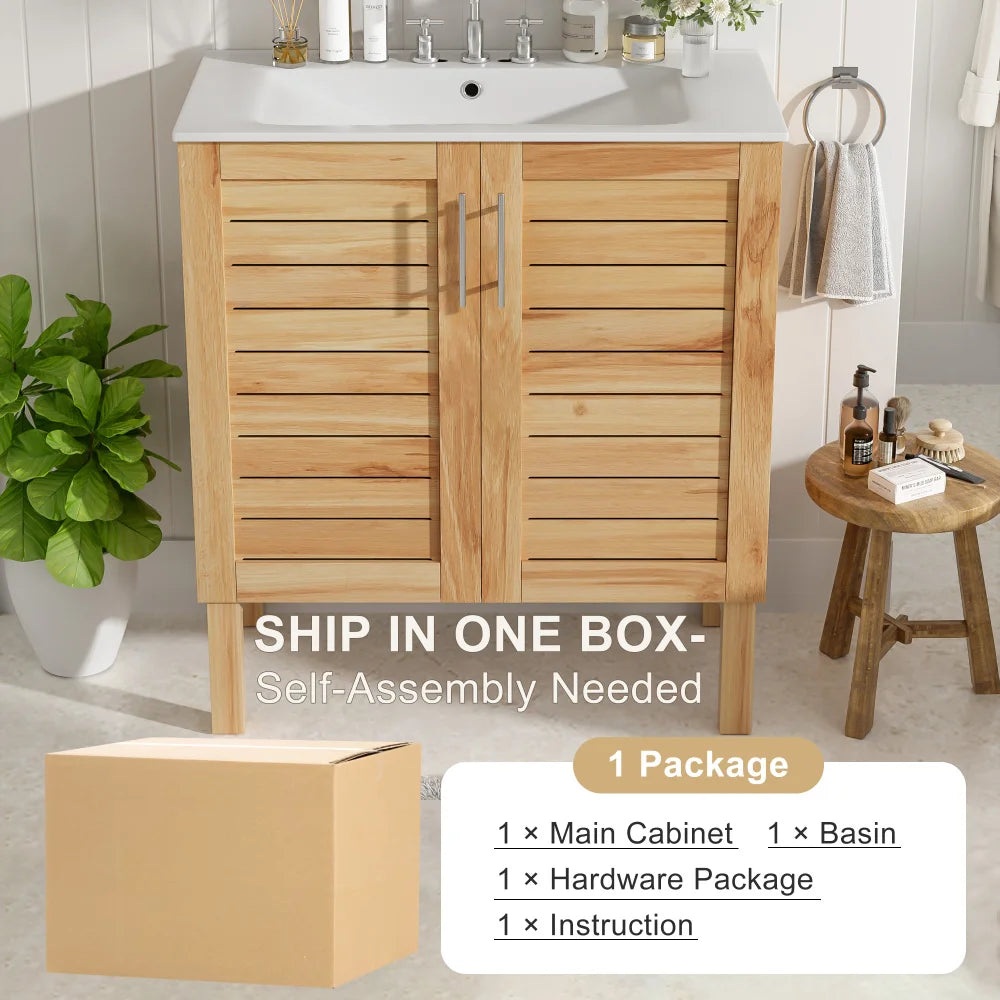 30" Antique Bathroom Vanity with Ceramic Sink, Mid-Century Modern Bathroom Vanity Cabinet with 2 Soft-Close Doors and Large