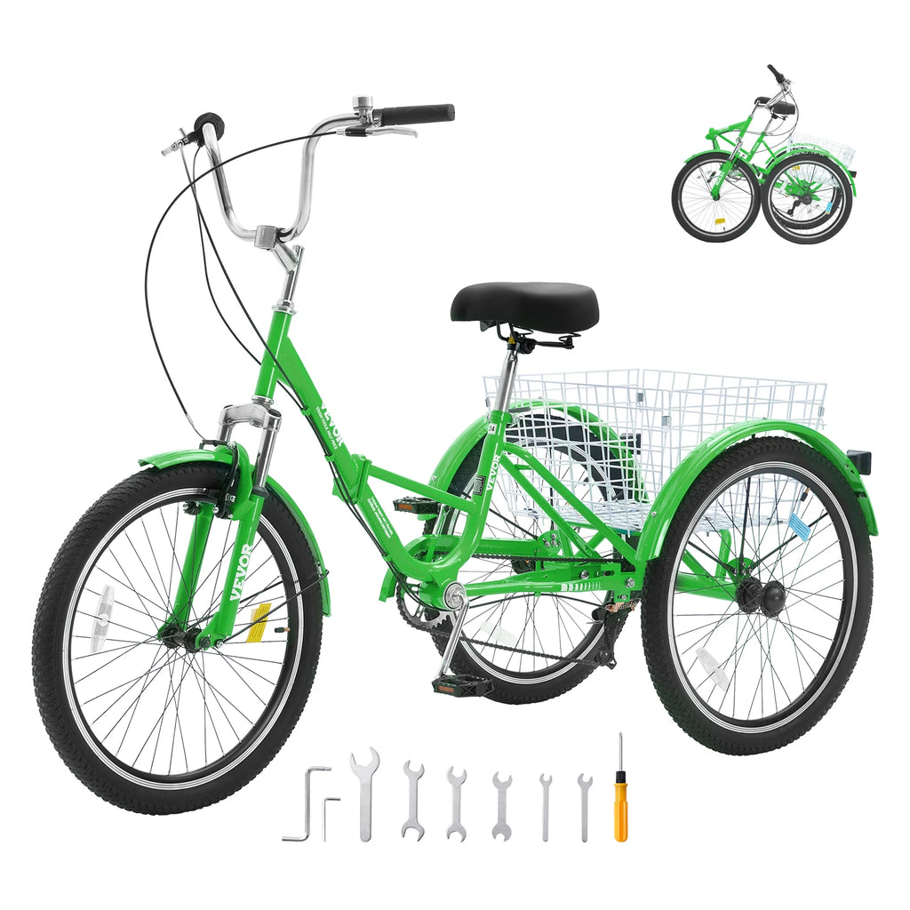 SucceBuy 20-26inch Folding Adult Tricycle 7 Speed Carbon Steel 3 Wheels with Basket Adjustable Seat Shopping Picnic For Seniors