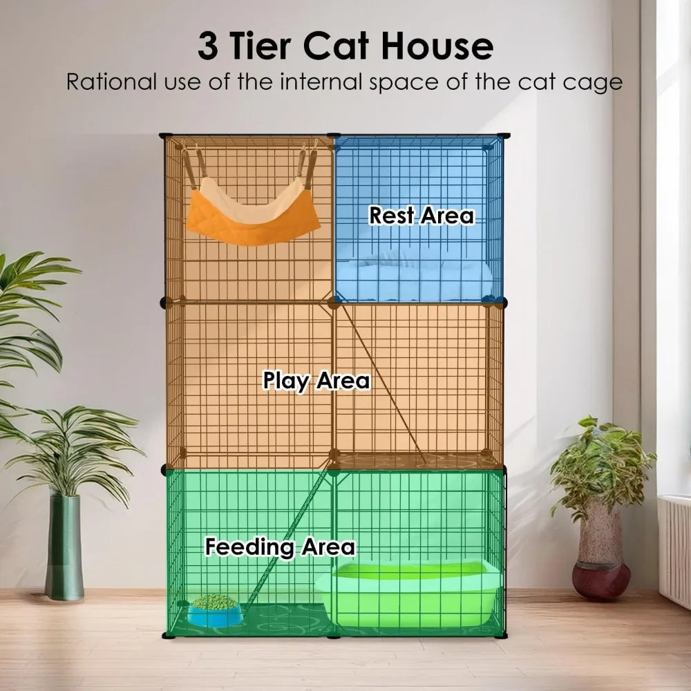 Large 3-Tier Cat Cage & Enclosure - Detachable Indoor Cat Playpen with 3 Doors & 2 Ramps, Metal Wire Cat Crate House Box for 1-2