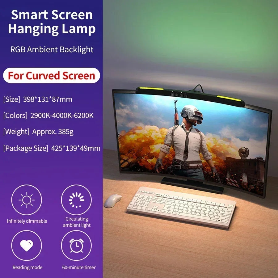 LED Curved Screen Monitor Light 40cm Screen Hanging Lights Desk Lamp for Work Study RGB Gaming Room Background Atmosphere Lights