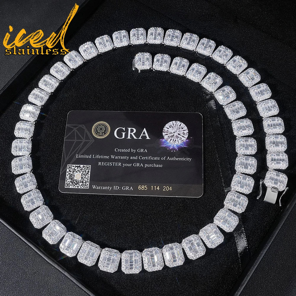13mm Moissanite S925 Silver Baguettes Chain Necklace For Men Iced Out Chain Hip Hop Jewelry Pass Diamonds Tester With GRA Free S
