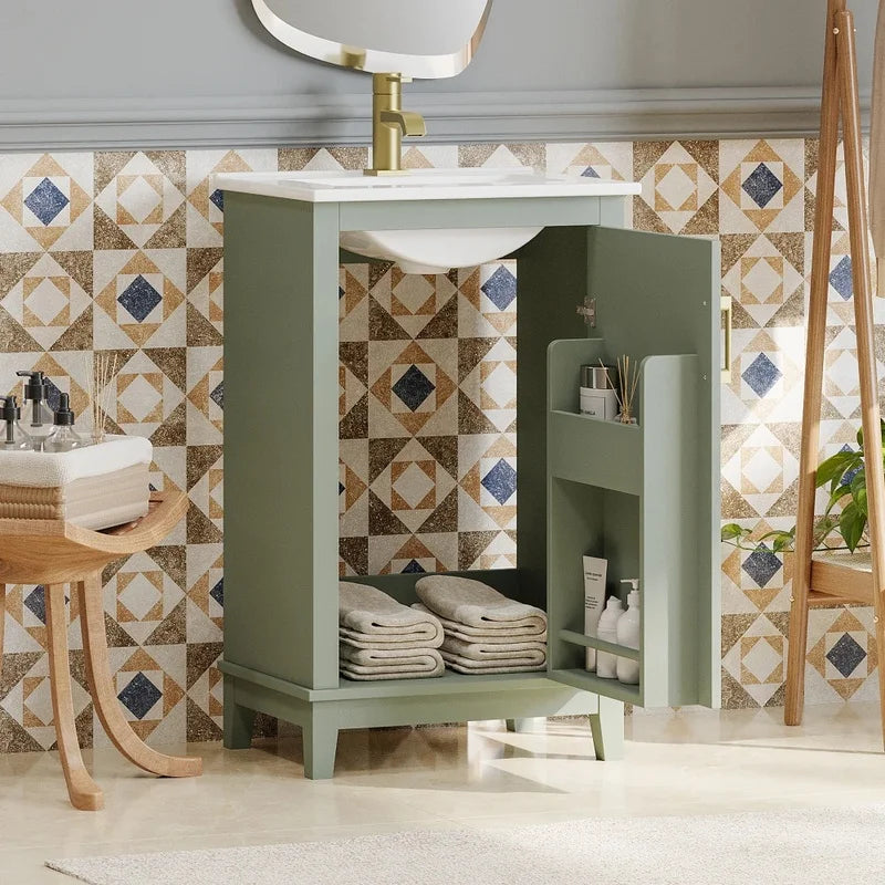 20 Inch Modern Small Bathroom Vanity Cabinet with Ceramic Basin, Ample Storage, Soft Close Door, Dimensions 20x15.5x33.3 Inches