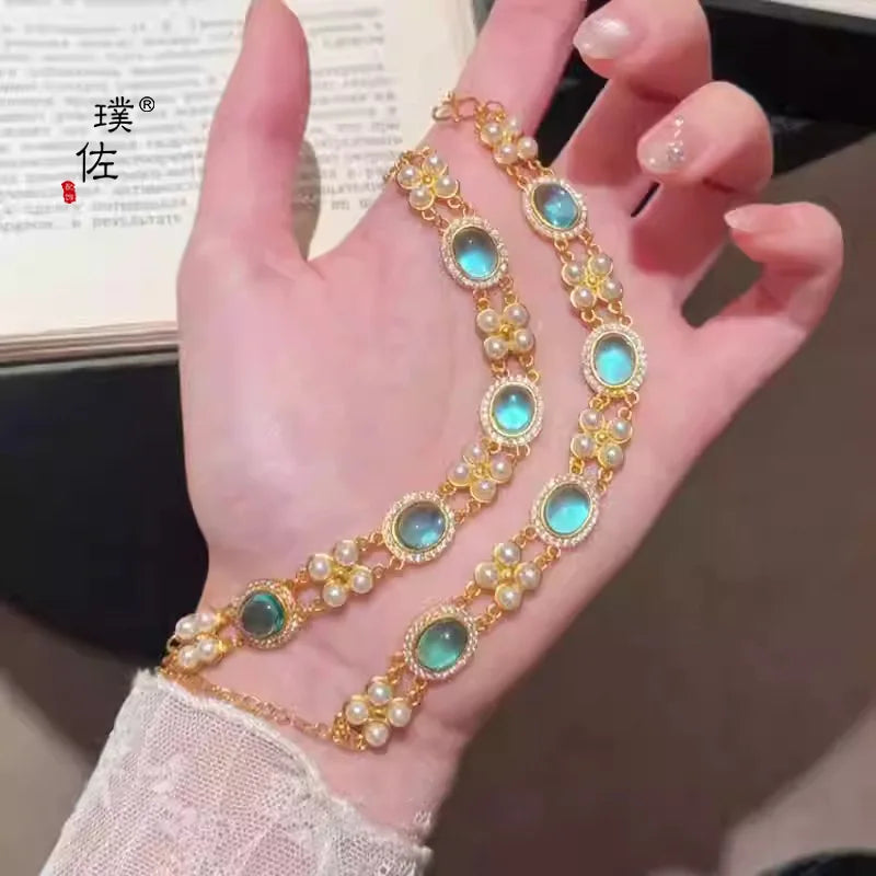 9999 24K real gold Double-layer Pearl Traditional Chinese style court bracelet for women with a light luxury temperament