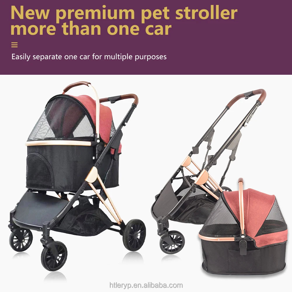 Pet Stroller With Storage Basket For Medium Large Dogs/Cats 3 In 1 Foldable Carbon Steel Alloy Detachable Carrier