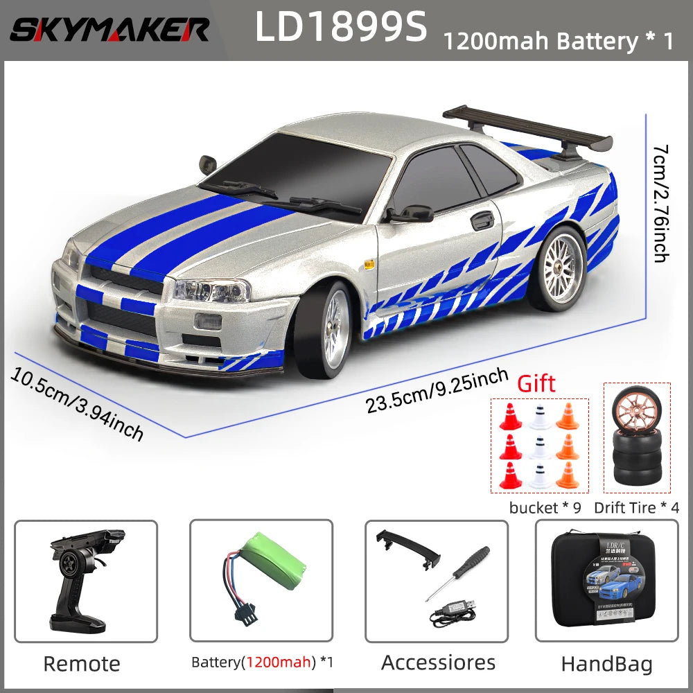 Skymaker LDRC 1/18 RC Drift Car LD1899 GTR-Modus R34 2,4 GHz RWD mit Gyroskop On-Road-Legierung Karosserie Rennwagen für Jungen Geschenke