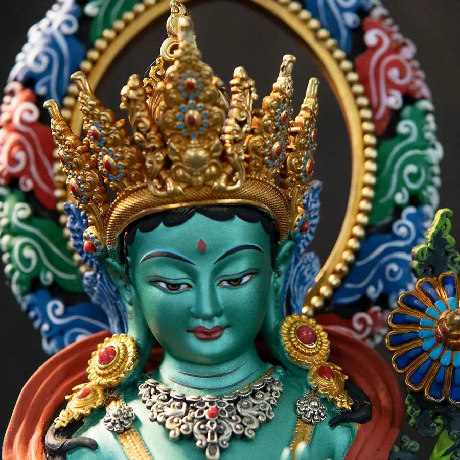 Nepal Tibet Craft Handmade Pure Copper Green Tara Statue Tibetan Buddhist Tantric Painted Standing Figure
