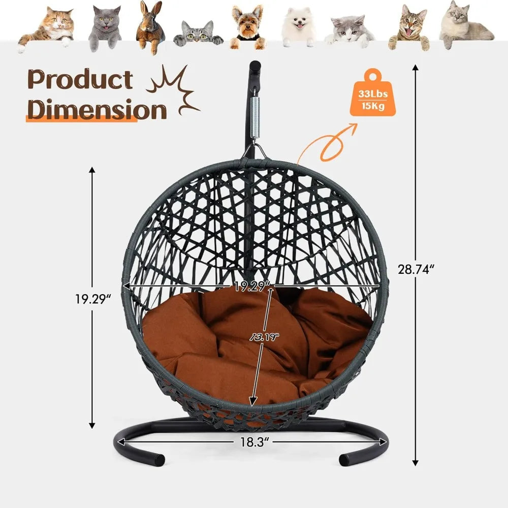 Katzenschaukelbett mit Aluminium-Stahl-Rahmen, gepolstertem Sitz und Eierstuhl aus HDPE-Rattan-Geflecht, hängendes Haustierbett für den Innenbereich