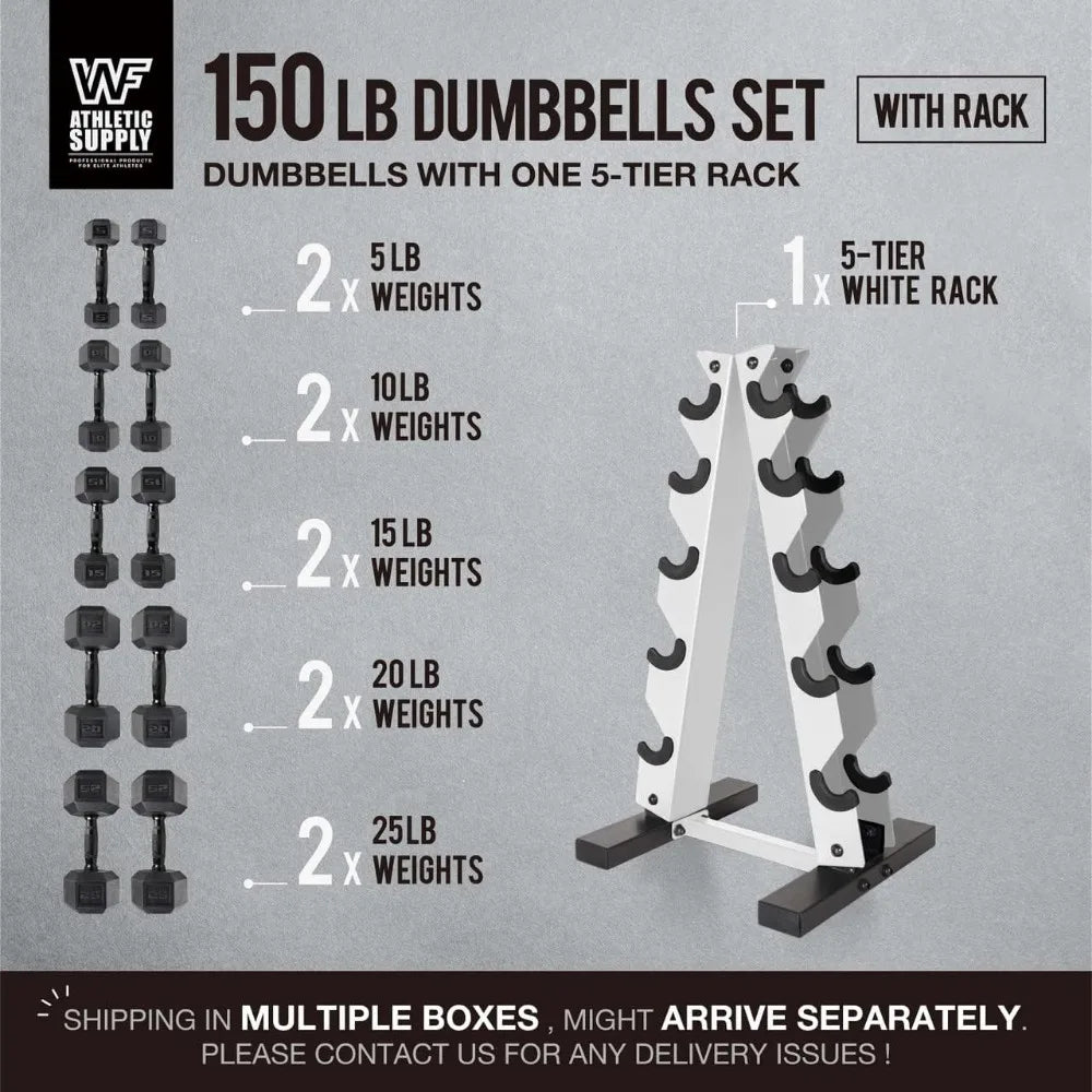 Black Handled Rubber Coated Hex Dumbbells Set 5-25Lb with Storage Rack and Non-Slip Design for Building Muscle Strength