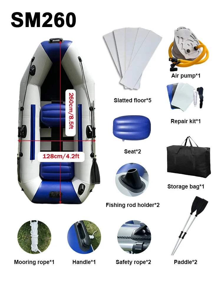 8,5 Fuß aufblasbares Fischerboot, faltbarer Holzboden, Surfboote und Rennkajak für 3 Personen für den Wassersport im Meer im Freien