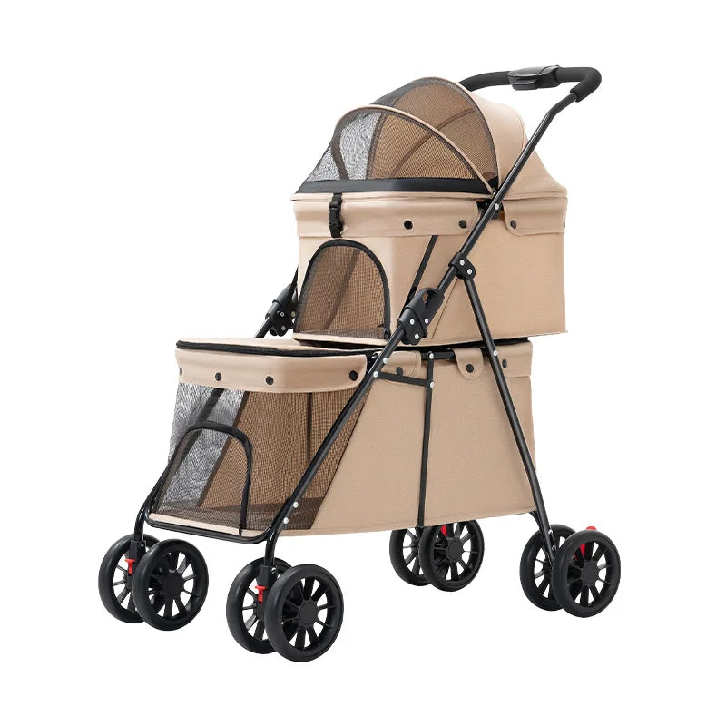 Double Layer Foldable Pet Stroller for Small Dogs Cats Lightweight Portable Outdoor Pushchair with Mesh Window Travel Carrier