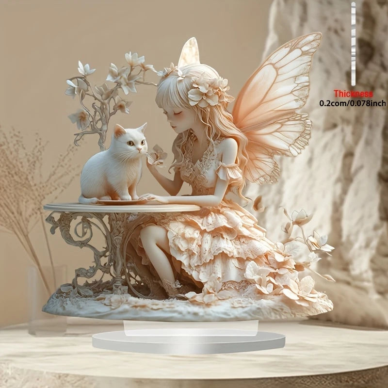 Bohemian Style 8in 2D Acrylic Angel And Cat Figurine Artistic Cartoon Decoration Colorful Print Water-Resistant Romantic Gift
