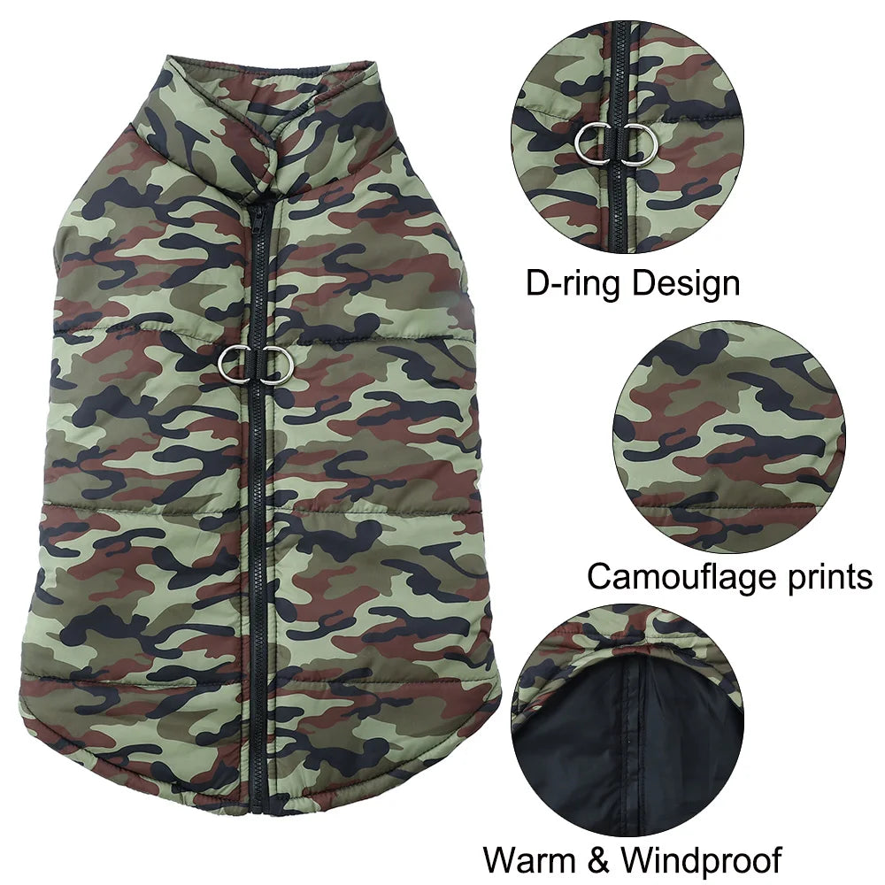 Winddichte Hundekleidung für kleine, mittelgroße und große Hunde, Katzen, Winterwelpen, Camouflage-Print, warme Kleidung, Golden Retriever-Kostüme