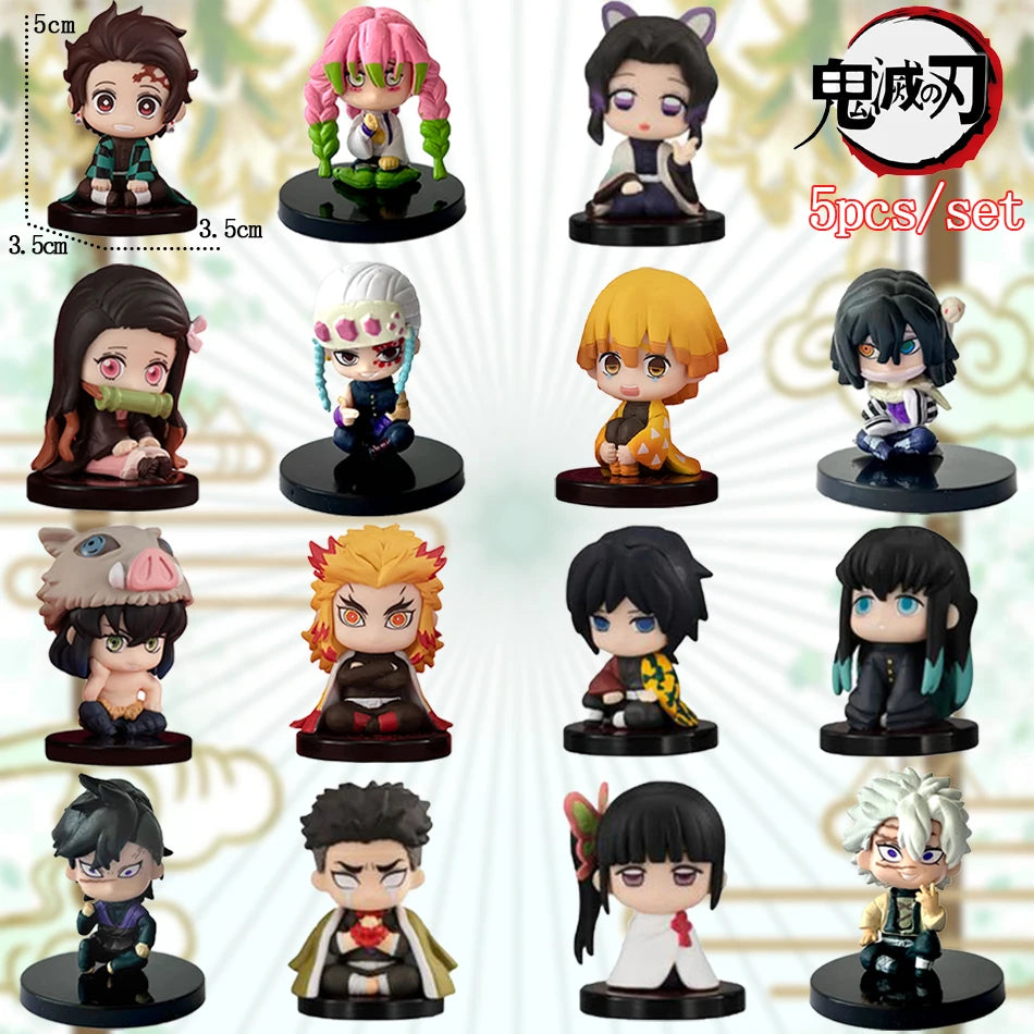 5-15pcs Q Version Demon Slayer Sitting Ghost Doll Tanjiro Nidouzi Inosuke Zenizu Toy Figural PVC Model Gift