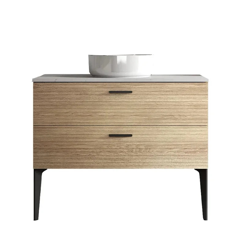 36" Striped Natural Oak Freestanding Bathroom Vanity with Ceramic Sink for Modern Spaces