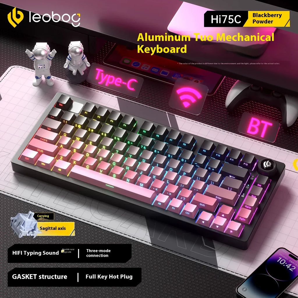LEOBOG Hi75C Механична клавиатура 3 режима/кабелен комплект с гореща замяна с копче RGB алуминиево уплътнение Hi75C Комплект клавиатура за компютър, персонализиран подарък