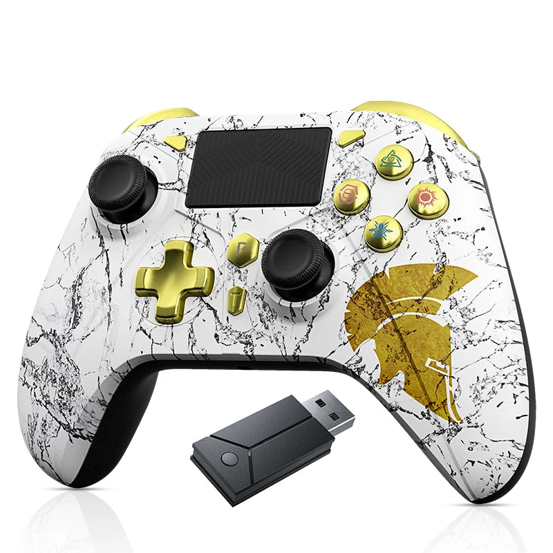 Marble-patterned gaming controller with USB receiver on a white background