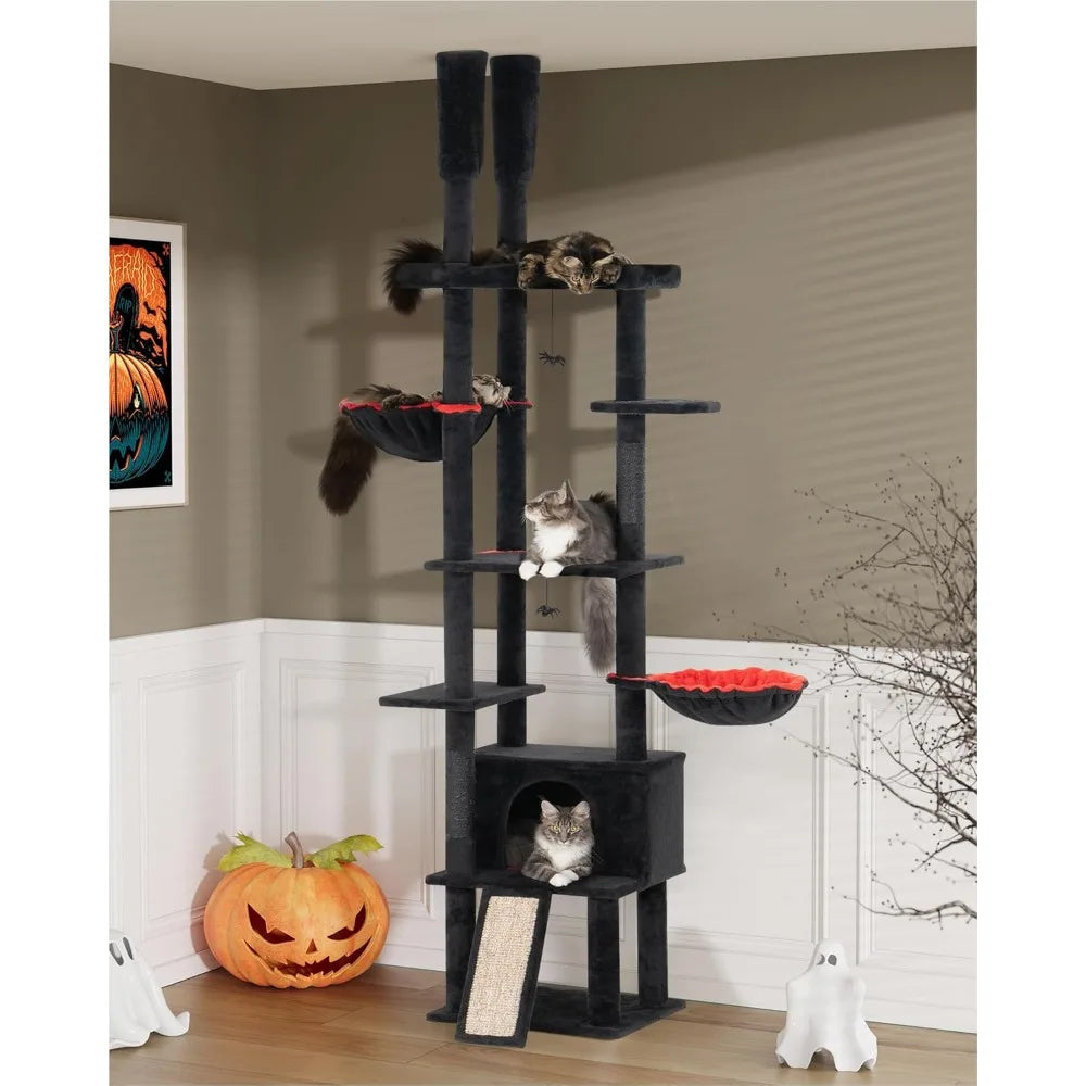 Gothic Floor to Ceiling Cat Tree for Large Cats, Large Perch Beds, Adjustable Halloween Tower [86''-108''=220-274CM], Corner Cli