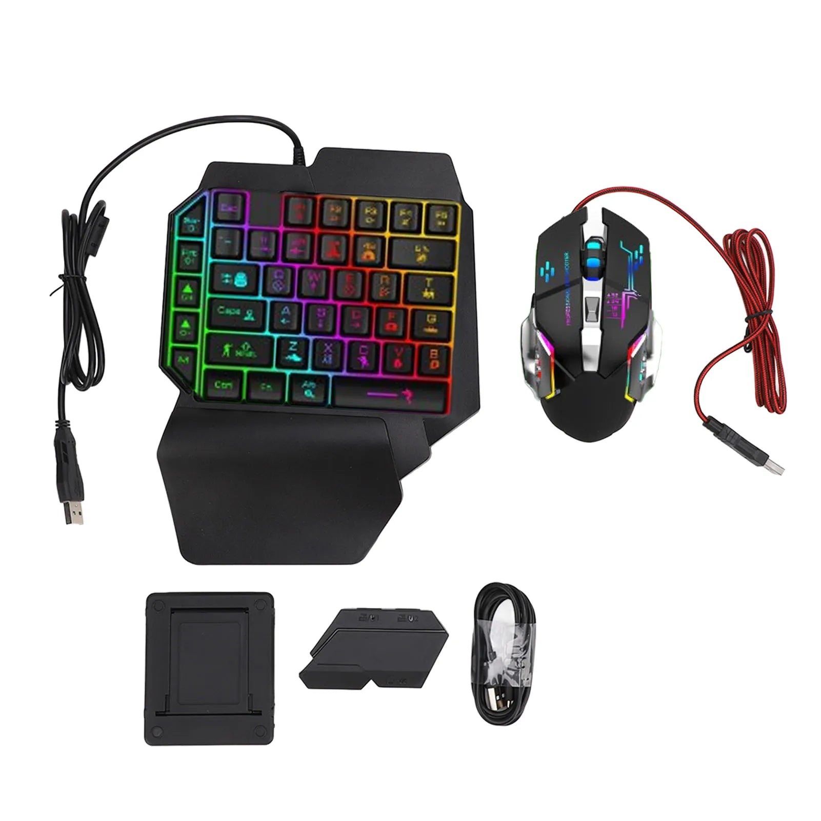 Gaming Keyboard Mouse Combo with Converter 4 in 1 Single Hand Mobile Game Keyboard Mouse Adapter Set with LED Backlight