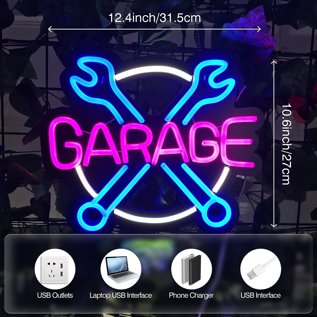Garage LED Neon Sign USB-Powered Bright Wall Decor for Car Shops Workshops Ideal for Game Room Parties Birthday Gift 12.4x10.6in