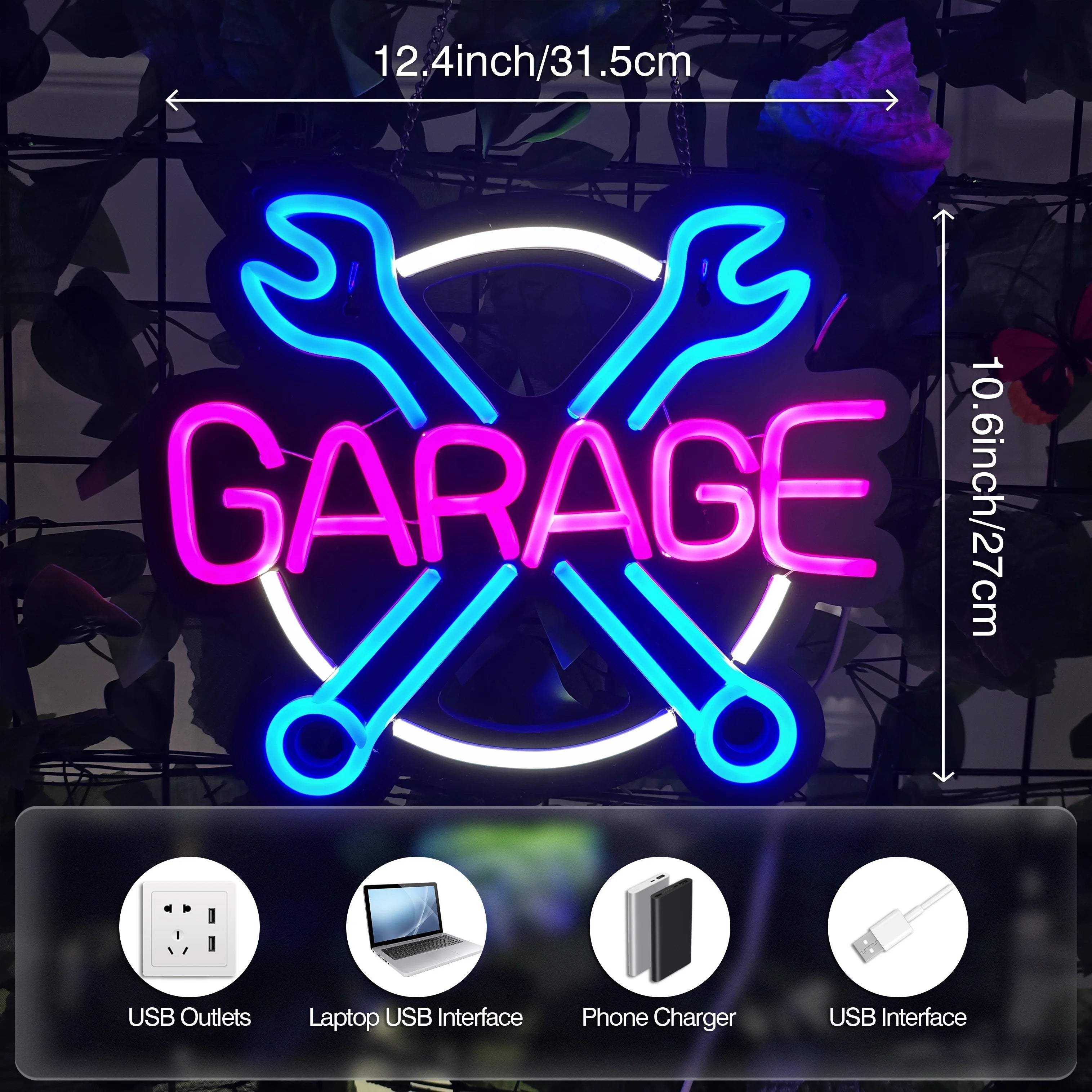 Garage LED Neon Sign USB-Powered Bright Wall Decor for Car Shops Workshops Ideal for Game Room Parties Birthday Gift 12.4x10.6in