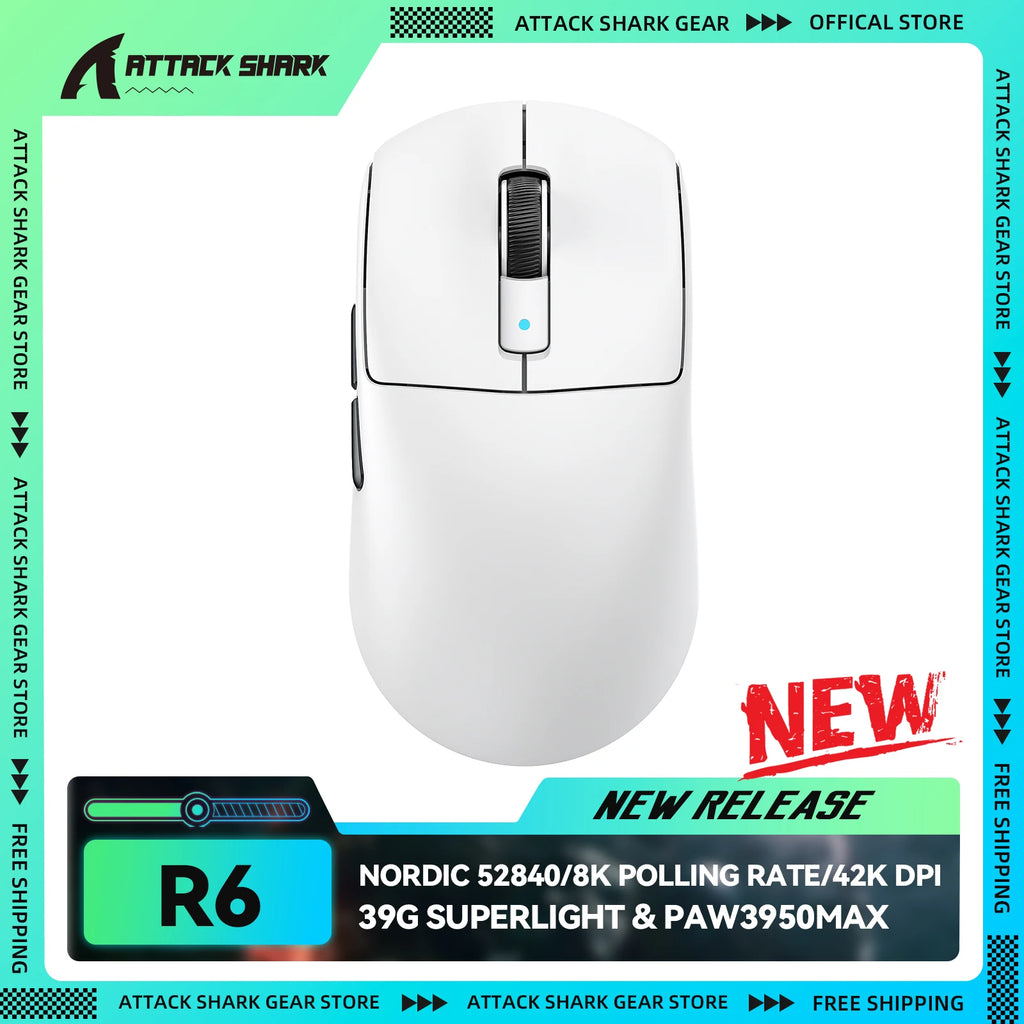 Геймърска мишка ATTACK SHARK R6 Ultralight 39g Wireless 8K, PAW3950MAX сензор, Nordic 52840, 42K DPI, 2.4G/BT/Кабелна, за PC/MAC