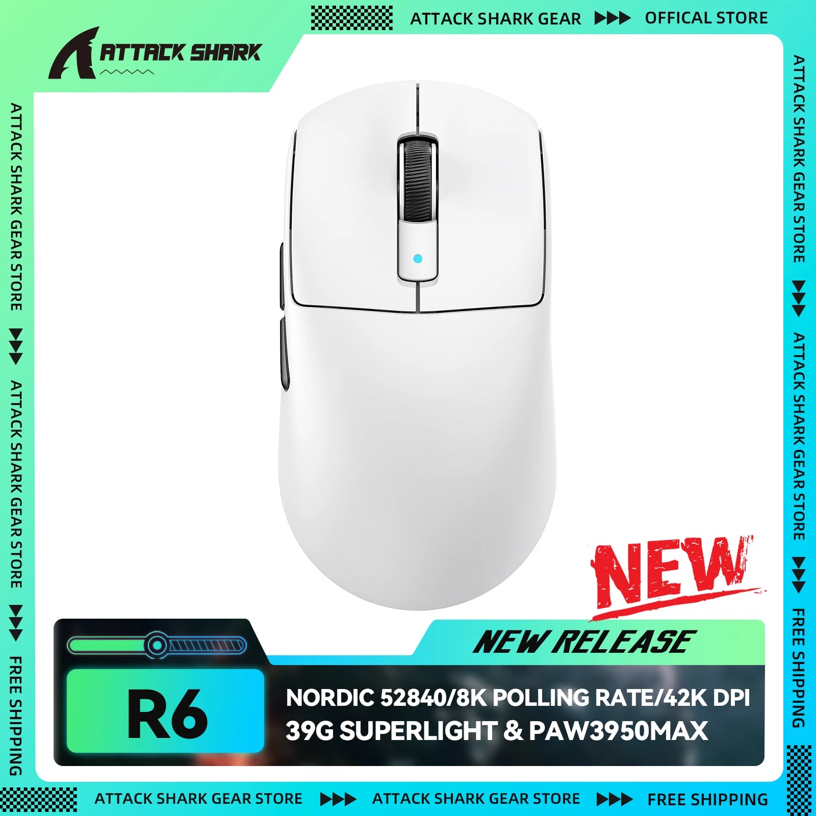 Геймърска мишка ATTACK SHARK R6 Ultralight 39g Wireless 8K, PAW3950MAX сензор, Nordic 52840, 42K DPI, 2.4G/BT/Кабелна, за PC/MAC