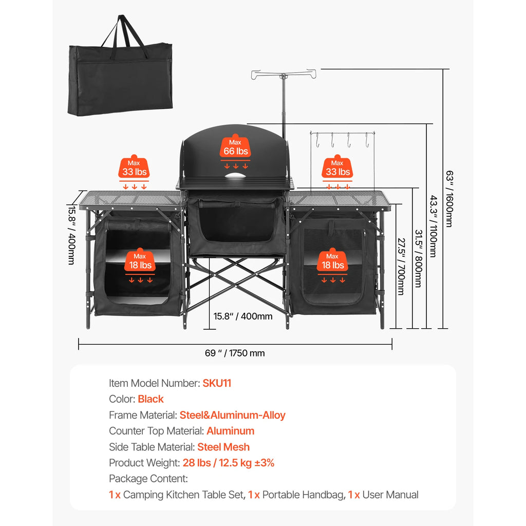 VEVOR  Outdoor Camping Cooking Table, Aluminum Portable Cook Station with Storage Cupboard Carrying Bag Detachable Windscreen