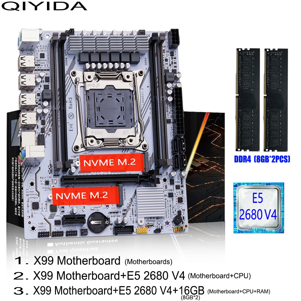 QIYIDA X99 Motherboard Set Kit Xeon LGA2011-3 E5 2680 V4 2x8gb = 16GB DDR4 SATA PCI 3,0 NVME M.2 X99H5 Gaming Computer
