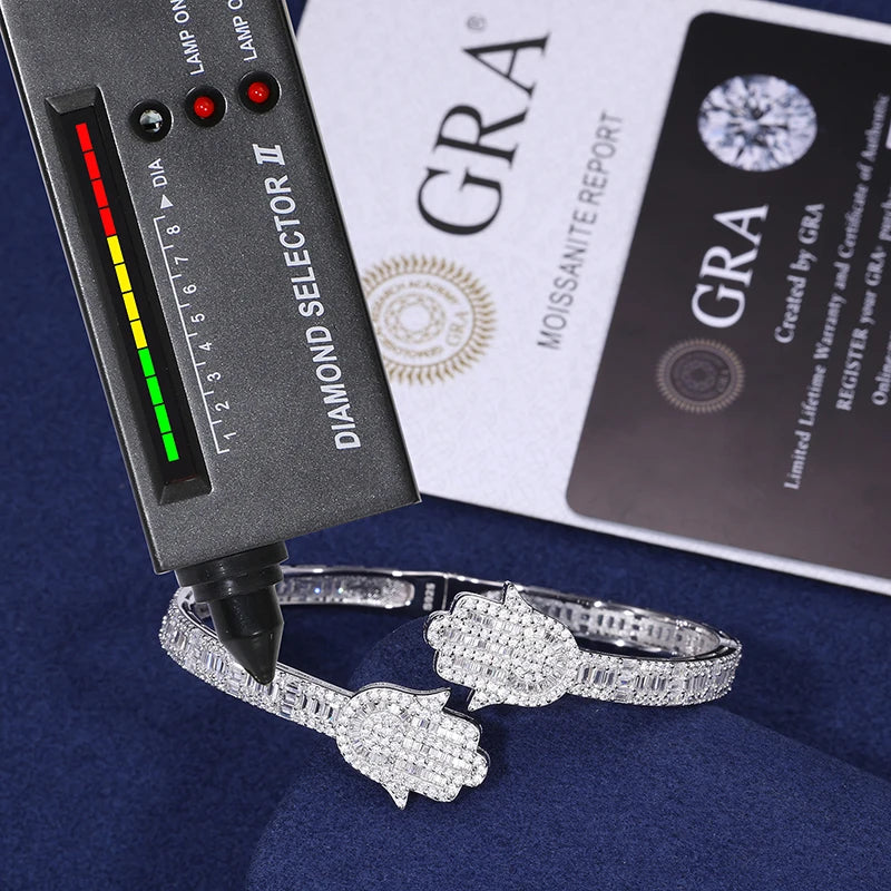 Iced Out Moissanite Hamsa Hand Opening Bracelet For Women Men 925 Sterling Silver Bangle Jewelry Luxury Gift Passed Diamond Test