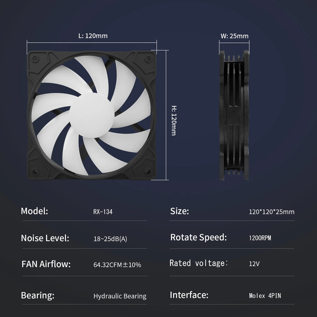 Ruix Casing Fans RX-134 PC-Gehäuselüfter 120 mm Gabinete Fans Feste RGB-Gaming 12 V Molex Computer Gamer Kühlung Ventilador