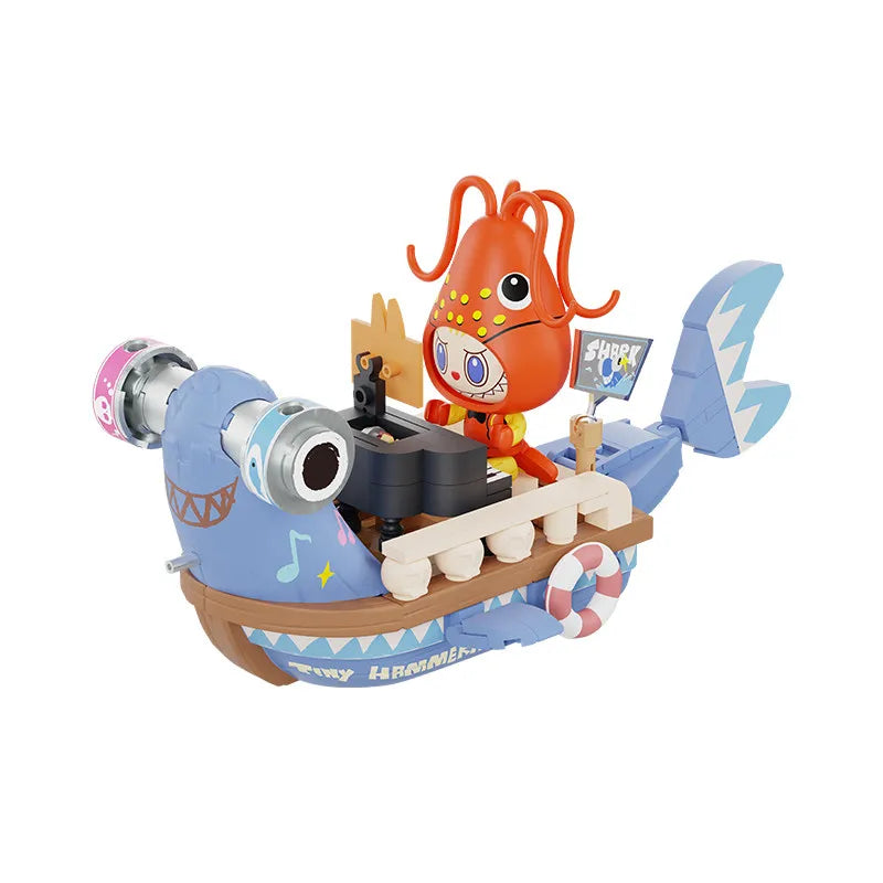 Genuine Pop Mart Labubu Themonsters Chasing Mermaids Series Blocks Fish Boat Puzzle Toys Pirate Ship Building Set For Collectors