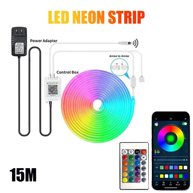 15M RGB LED Neon Lights, Smart App Remote Control, Waterproof Music Sync Color Changing Rope for Bedroom Living Game