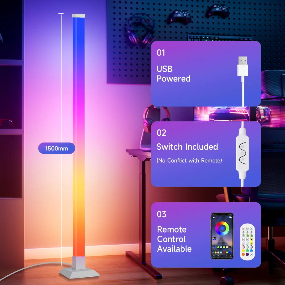 RGB LED smart modern floor lamp 150CM Floor Lamp 16 million DIY color change suitable for gaming room party Dimmable Soft Light