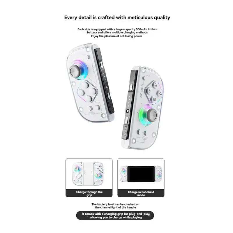 Two gaming controllers with colorful LED lights on a white background, featuring text about battery capacity and charging methods.