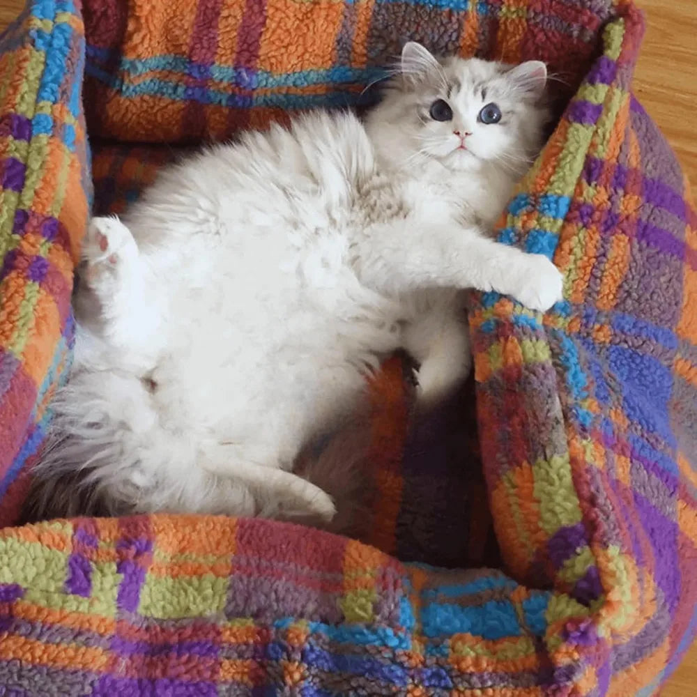 "cozy plaid cat and small dog sofa bed with self-warming feature for indoor use"