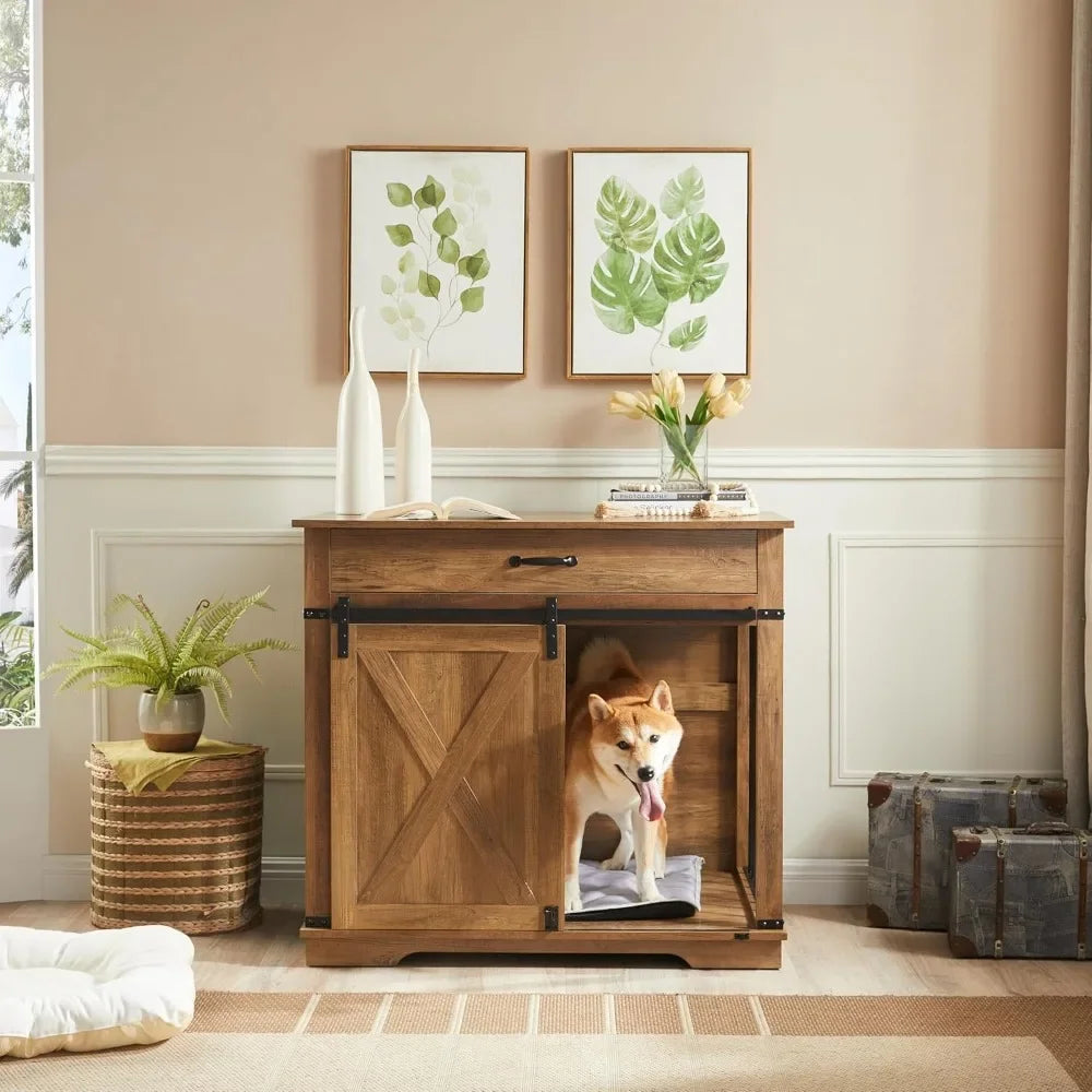 Furniture Style Dog Crates with Drawer, Farmhouse Wooden Dog Kennel Furniture with Sliding Barn Door & Water Resistant for
