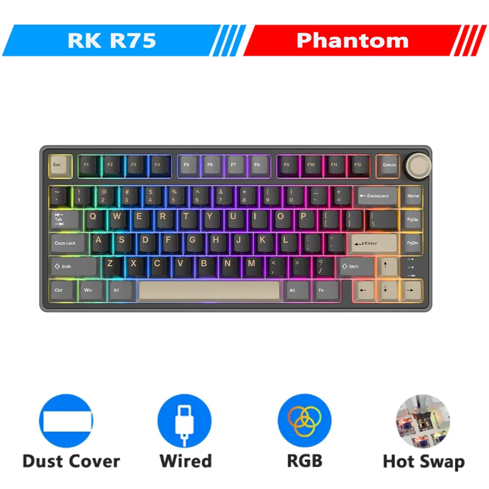 RK Royal Kludge R75 Gasket Kabelgebundene mechanische Tastatur mit 80 Tasten, RGB-Hintergrundbeleuchtung, Hot-Swap-fähige spanische Gamer-Tastatur, MDA-PBT-Tastenkappen