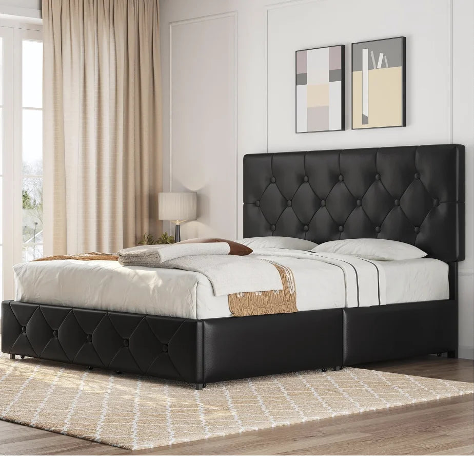 Gepolsterter Bettrahmen in Queen-Size-Größe mit 4 Schubladen und verstellbarem Kopfteil, Plattformbett aus Kunstleder mit Matratzenfundament St