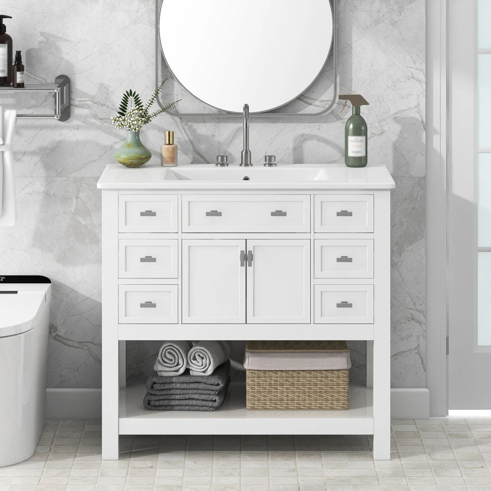 36'' Bathroom Vanity with Top Sink, Modern Bathroom Storage Cabinet with 2 Soft Closing Doors and 6 Drawers, Single Sink