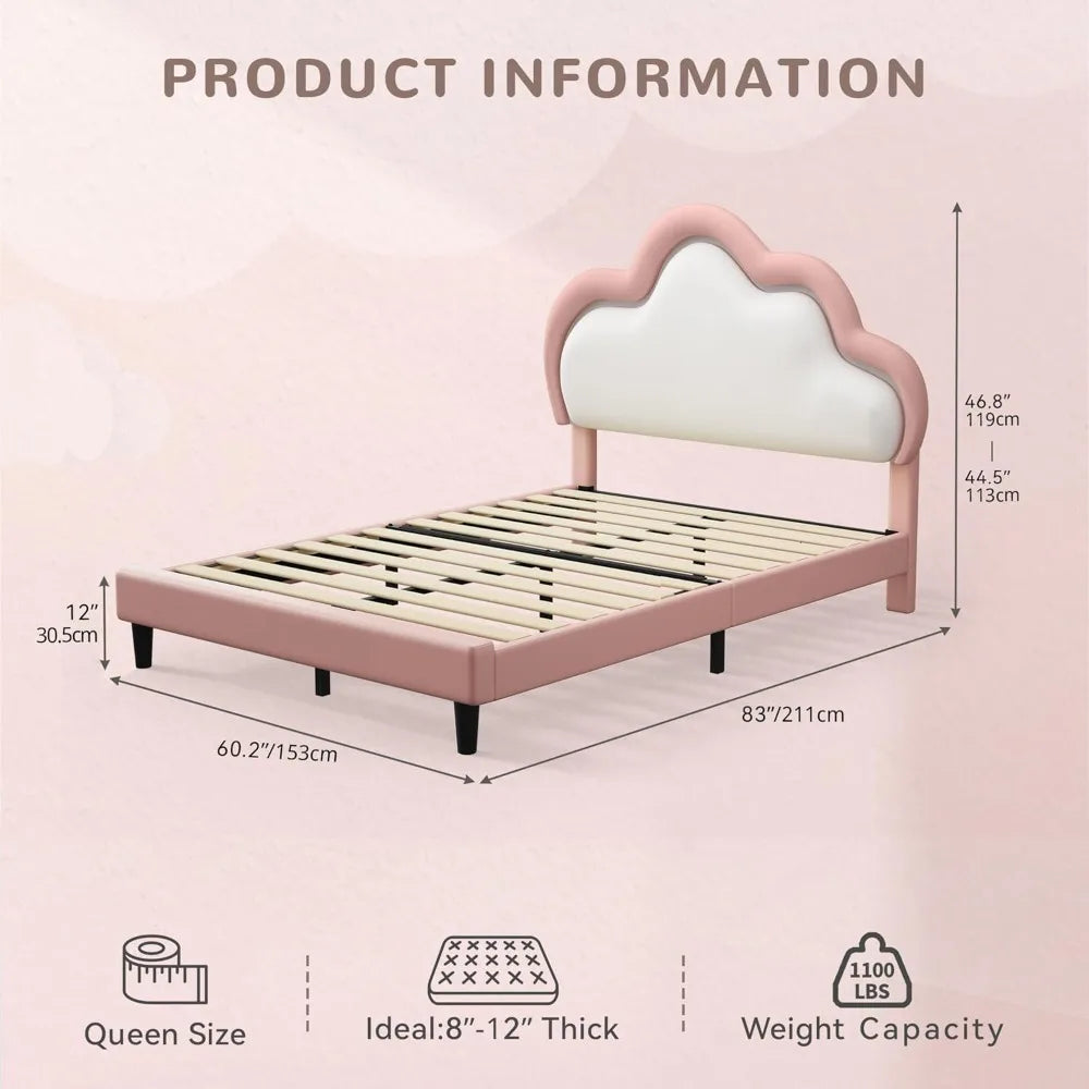 Queen Size Upholstered Bed with LED Smart Features and Adjustable Cloud Headboard, Platform Bed Frame