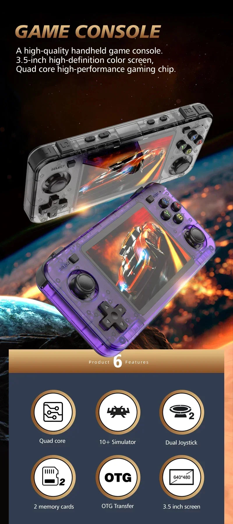 New R36H Handheld Game Console 3.5-inch IPS Screen Linux RK3326 Retro Video Games Player 3000 mAh 64G 10000+ Classic Game