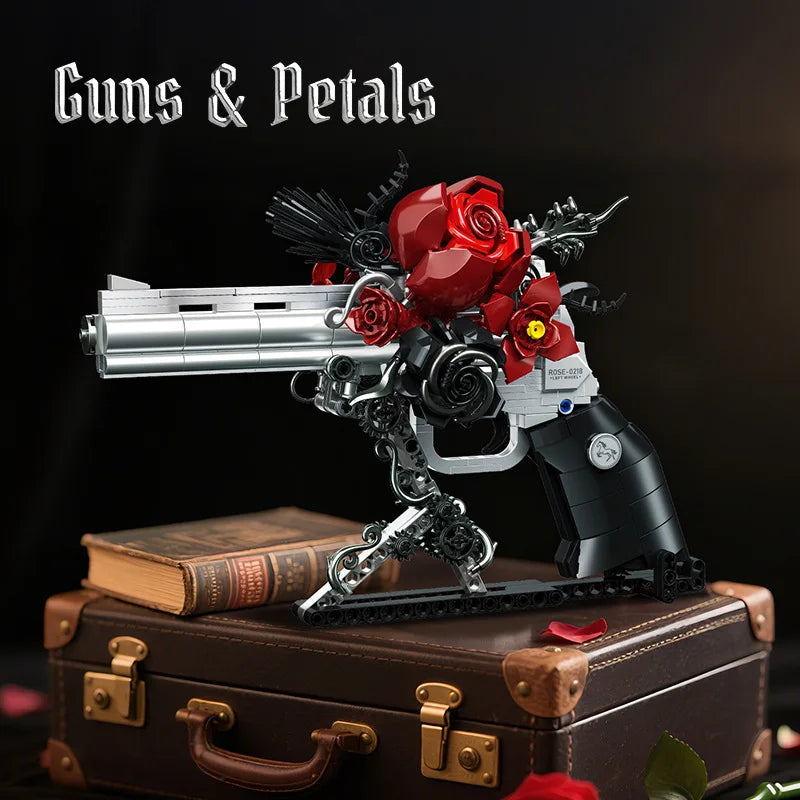 MOC Mechanical Retro Rose Revolver Building Blocks West Cowboy Pistol Guns Flowers Bricks Toys Collection Ornaments Kids Gifts