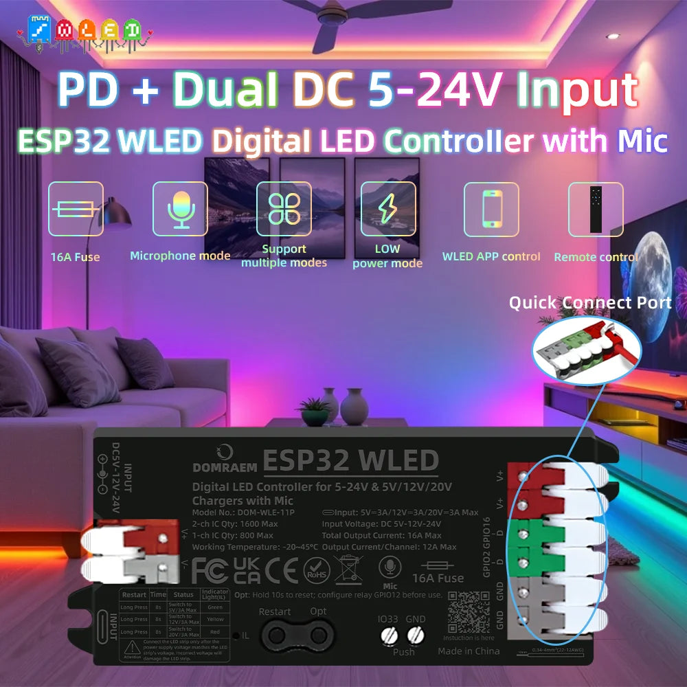 DOMRAEM PD ESP32 WLED Digital LED Controller with Microphone Dual Power Input USB-C PD& DC5-24V for WS281x  APA102 SK6812 etc.