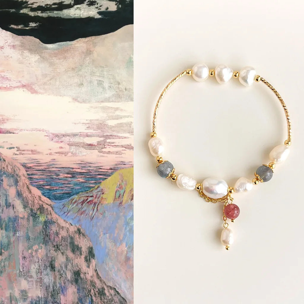 Handmade Natural Stone Freshwater Pearl Bead Chain Bracelet 18k Gold Plated Bangle Women Luxury Jewelry