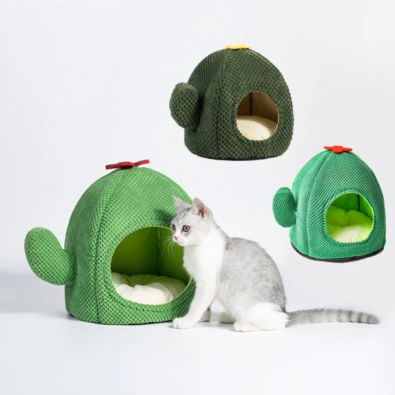 Creative Cactus Shaped Cat House Pet Bed Warm Green Cat Cave Dog Kitten Basket Autumn and Winter Pet Furniture Cat Accessories