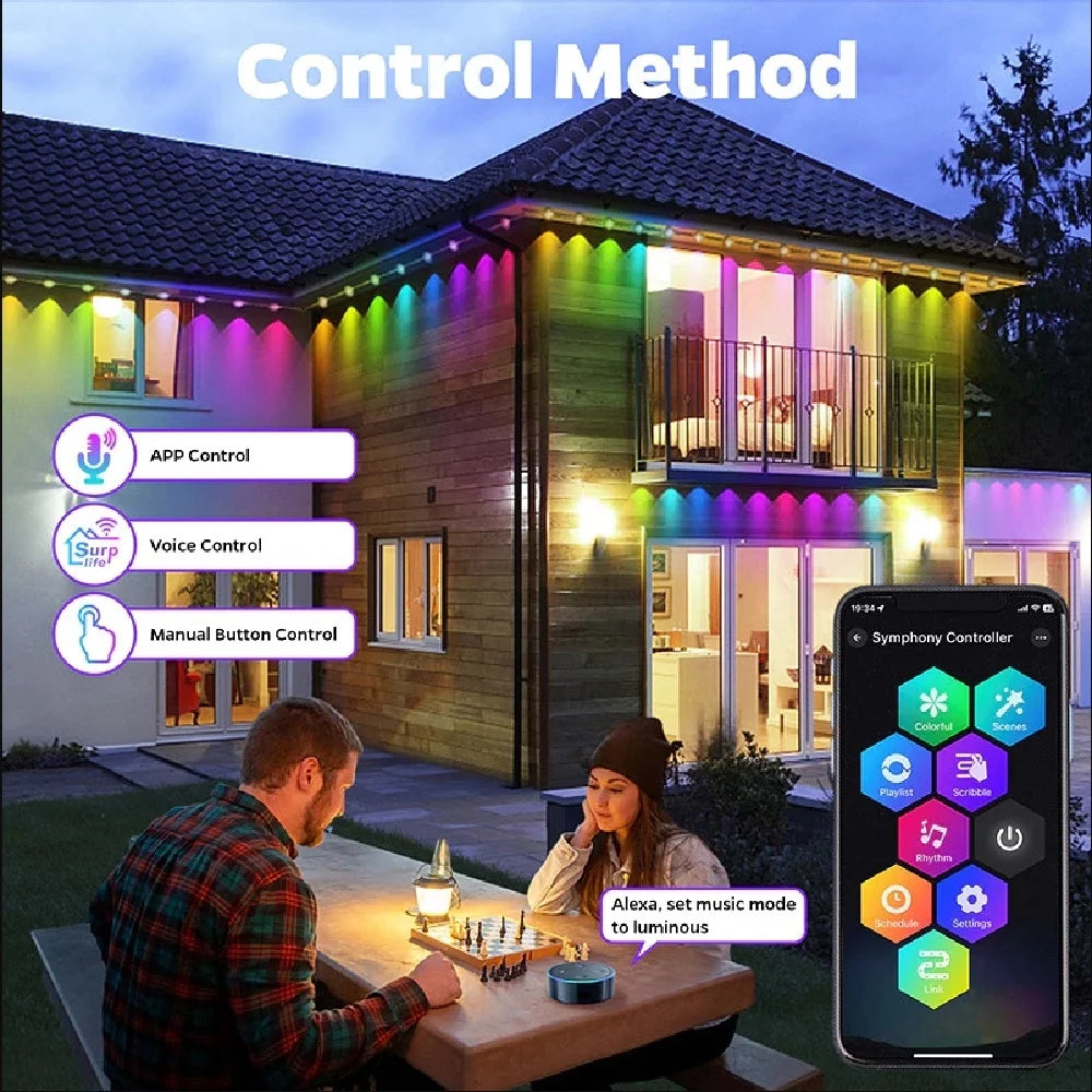 15M/30M/45M/60M RGBIC Smart Eaves Light with APP/Remote Control IP67 Waterproof Outdoor String Lights House Roof Garden Lighting