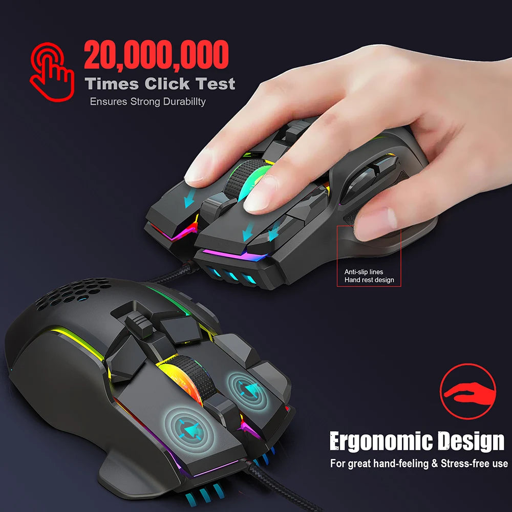 Нова USB геймърска мишка, компютърна мишка с RGB подсветка, 10 бутона, програмиране, 7200dpi, ергономична геймърска мишка за компютър