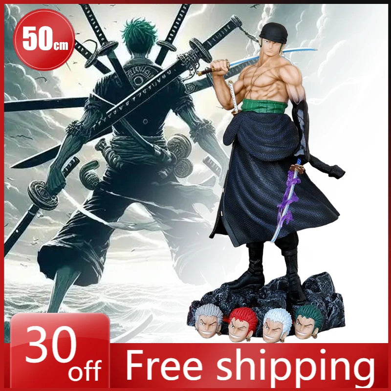 50 cm große One Piece Figur Roronoa Zoro, stehende Pose, mit Messer, fünf austauschbare Köpfe, Modell, Anime-Action-Sammelfigur