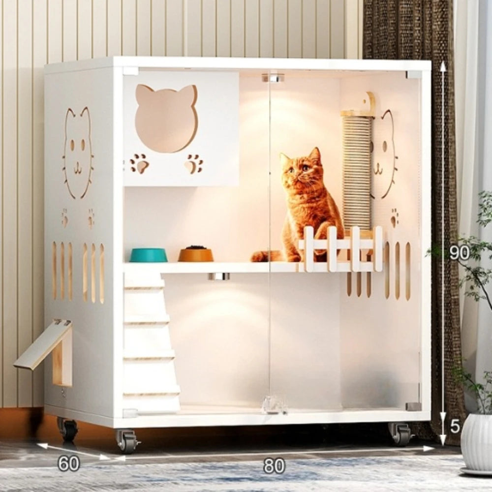 Cat Villa Large House Indoor Cat House Solid Wood Ecological Board Material Cat Furniture Vintage Style 90*60*125cm